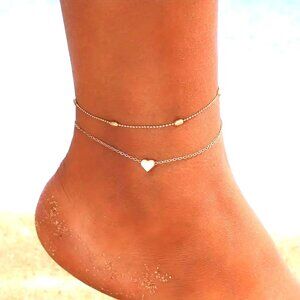 Delicate Double Chain Heart Bead Anklet Beach Vacation Summer Minimalist